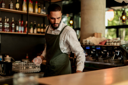 Bartender in an elegant apron meticulously arranges glassware while serving patrons in a lively cafÃ© environment, highlighting craft and hospitalityの写真素材