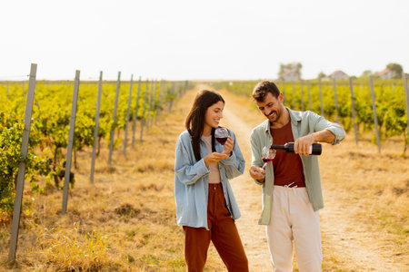 Under the warm glow of the setting sun, a couple shares laughter while sipping wine in a picturesque vineyard, creating cherished memories amid rows of grapevinesの写真素材