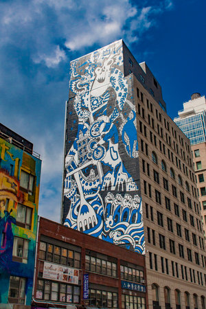 New York, USA - July 13, 2016: Spirit of SoHo mural by Misha Tyutyunik and Jeff Koons at 11 Howard...