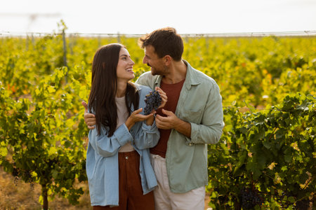 Under the warm afternoon sun, a couple strolls through a vineyard, joyfully sharing a moment as they admire a bunch of freshly picked grapes together in a peaceful landscapeの写真素材
