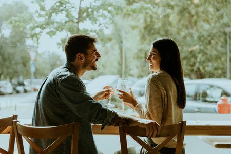 Two individuals share laughter and engaging conversation while savoring a delicious meal at a charming cafe, with trees and cars in the background.の写真素材