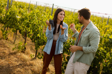 Under the warm afternoon sun, a couple strolls through a vineyard, joyfully sharing a moment as they admire a bunch of freshly picked grapes together in a peaceful landscapeの写真素材