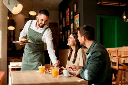 In a lively cafe filled with colorful artwork, a waiter presents fresh vegetarian meals to a smiling...