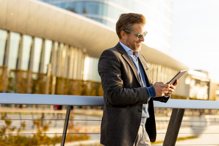 An elegant individual in a blazer stands on a balcony at sunset, holding a tablet and gazing over a vibrant metropolis, embodying professionalism and relaxation.の写真素材