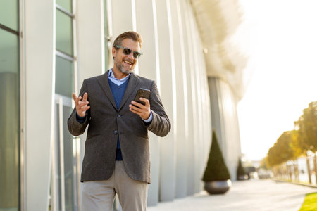 A professional man in stylish attire leisurely walks outside a sleek building, smiling as he interacts with his phone under the warm afternoon sun, exuding confidence.の写真素材