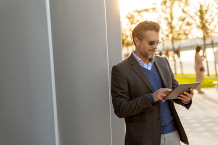 A sophisticated man stands in an urban park, engrossed in his tablet as the sun sets behind him, casting a warm golden glow over the tranquil environment.の写真素材