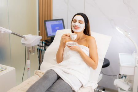 Relaxation fills the air as a woman in a spa setting sips herbal tea while enjoying a refreshing facial mask, surrounded by calming wellness equipment and soft lighting.の写真素材