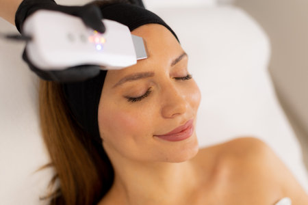 Soothing vibrations from the ultrasonic facial massager create a rejuvenating experience as the...