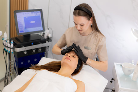 A skilled professional performs a soothing facial on a relaxed client at a tranquil spa, promoting skin rejuvenation and ultimate comfort for a peaceful experience.の写真素材