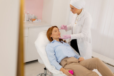 Patient relaxes on a comfortable treatment bed while a skilled practitioner applies dermal filler to enhance facial features in a tranquil clinic environment.の写真素材