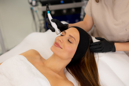 A skilled therapist performs a skin treatment that rejuvenates and hydrates while removing impurities, leaving the client refreshed and relaxed in a tranquil spa atmosphere.の写真素材