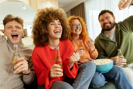 Four friends gather on a comfortable couch, joyfully celebrating their movie night with cheers,...
