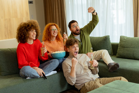 Laughter and excitement fill the air as friends gather in a warm living room, enjoying drinks and celebrating their favorite sports team during an exhilarating match.の写真素材