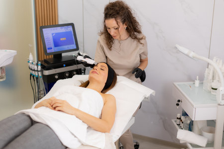 A serene setting showcases a skilled practitioner using an ultrasonic facial massager on a client's skin, promoting deep cleansing and relaxation for a radiant complexion.の写真素材