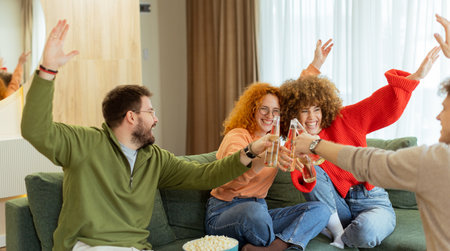 Laughter fills the spacious living room as friends raise their drinks high, reveling in the delightful moments of shared joy. Soft lighting adds warmth to the cozy atmosphere.の写真素材
