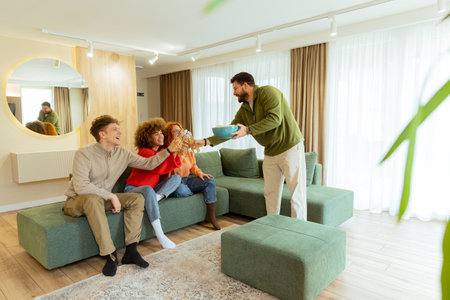 Vibrant laughter fills the air as friends watch one another in a stylish living room filled with natural light, sharing snacks and drinks in a warm atmosphere.の写真素材