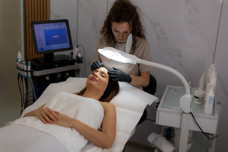 Under soft lighting, a skilled skincare specialist gently performs a treatment on a client lying comfortably on a treatment bed, emphasizing relaxation and rejuvenation.の写真素材