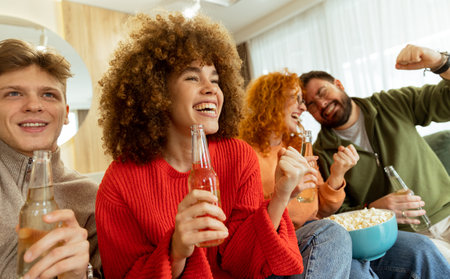 Four friends gather on a comfortable couch, joyfully celebrating their movie night with cheers, laughter, and delicious popcorn, creating unforgettable memories together.の写真素材