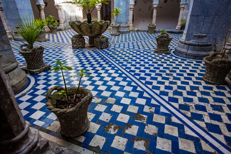 Vibrant blue and white tiles create a stunning pattern around a lush fern in the courtyard of the National Palace of Pena in Sintra, Portugalの写真素材