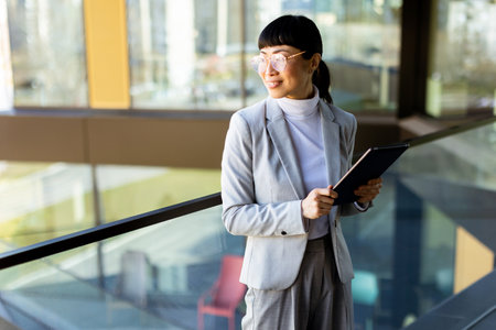 Asian woman in a stylish gray suit stands confidently in a sleek office space, holding a tablet. Sunlight streams through large windows, illuminating her thoughtful expression and surroundings.の写真素材