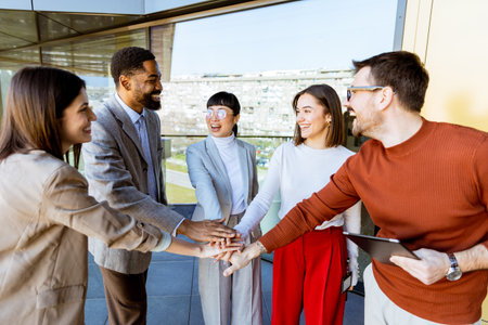 A group of five professionals gathers at a contemporary office space, smiling and joining hands in unity while brainstorming ideas for their upcoming project.の写真素材