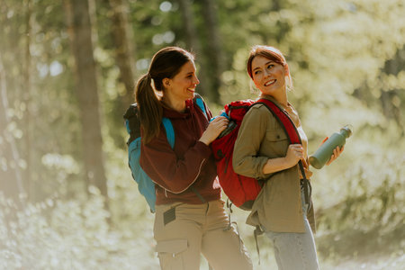 Two friends enjoy a lighthearted hike in a green forest, surrounded by tall trees and sunbeams, capturing the essence of outdoor exploration.の写真素材