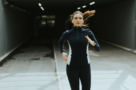 A woman clad in a stylish athletic outfit sprints through a sleek urban tunnel, embodying energy and determination in the morning light.の写真素材