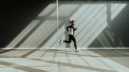 A woman runs energetically along a concrete path, illuminated by striking shadows from nearby structures during a bright morning.の写真素材