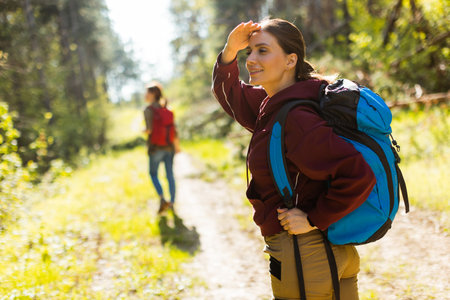 Two friends traverse a scenic forest path, soaking in the sunlight and the vibrancy of nature during an outdoor adventure.の写真素材