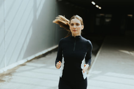 A determined woman jogs through a sleek urban corridor, sunlight streaming in and casting dynamic...