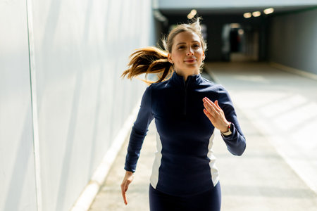 A woman in sportswear enjoys her run through a sleek, contemporary passageway, embracing the fresh morning air and vibrant energy.の写真素材
