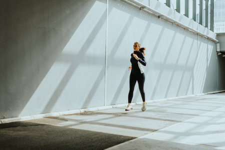 A dedicated jogger races along a bright, sunlit pathway, casting long shadows in the bustling heart...