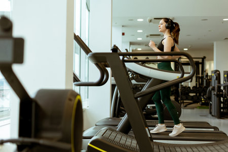 A focused individual exercises on a treadmill in a bright gym, headphones on, surrounded by workout equipment.の写真素材