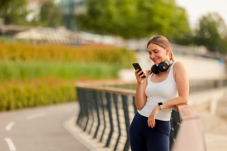 A young woman relaxes on a riverside railing, gazing at her phone while enjoying music, surrounded by lush greenery and soft evening light.の写真素材