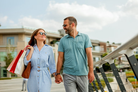A happy couple strolls hand in hand, showcasing their shopping bags while enjoying a warm sunny day in a lively outdoor plaza.の写真素材
