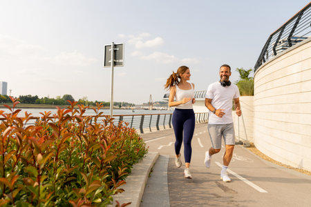 Two happy individuals run side by side along a picturesque waterfront, enjoying the beautiful weather and scenic views of nature.の写真素材