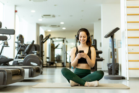 A woman enjoys her workout by listening to music on her phone while sitting cross-legged on a gym mat, surrounded by fitness equipment.の写真素材