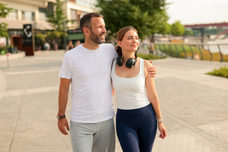 A man and woman walk hand in hand by the river under the warm sun, radiating happiness as they explore the beautiful waterfront pathway.の写真素材