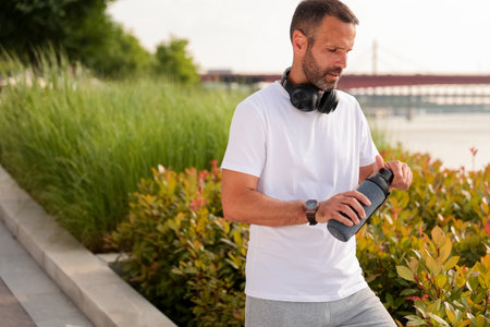 A focused man pauses to drink water, relishing natureâs tranquility while exercising near a riverbank during the late afternoon.の写真素材