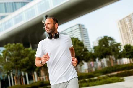 A man with headphones jogs energetically through a lush urban park, surrounded by contemporary...