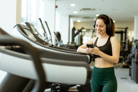 In a vibrant gym, a fit woman checks her phone with a smile, enjoying music while standing by...