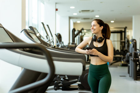 Smiling young woman in workout attire stands near treadmills, taking a pause and scrolling on her...