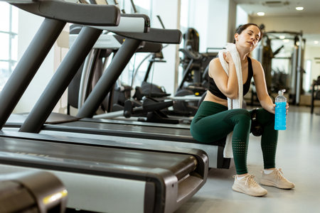 Wearing workout attire, a woman takes a break on a gym bench, sipping a blue drink and enjoying a moment of calm after a hard exercise routine.の写真素材