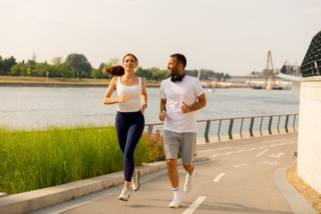 In the early morning light, a young couple jogs side by side along a scenic waterfront path, with lush greenery and a calm river creating a peaceful backdrop for their active outing.の写真素材