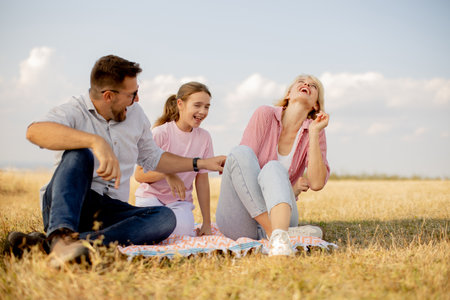 A family is gathered on a blanket in a sunny field, enjoying each other's company. They are laughing...