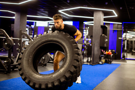 A man lifts and flips a large tire at a contemporary gym, showcasing strength and determination during evening training.の写真素材