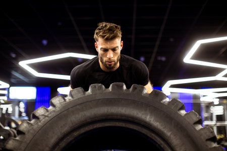A man engages in a powerful workout session at a gym, lifting a large tire with determination and focus. The modern gym environment enhances the scene.の写真素材