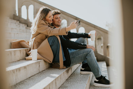 Two young adults sit on outdoor steps, smiling and sharing a moment. The woman leans affectionately on the man while they look at a phone, surrounded by a bright, sunny atmosphere.の写真素材