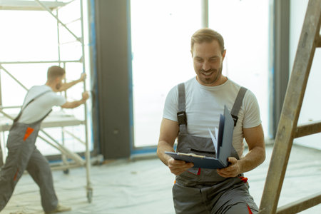 Two construction workers are busy on a renovation project. One worker reads plans while the other...