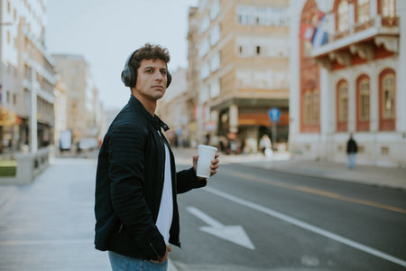 A young man wearing headphones walks confidently down a lively city street. He holds a coffee cup in...